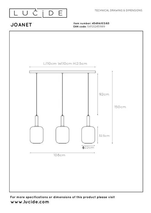 Lucide JOANET - Pendant light - 3xE27 - Smoke Grey - technical